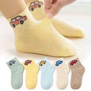 Pastel mesh socks with car embroidery