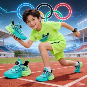 Boy modeling green athletic wear and sneakers