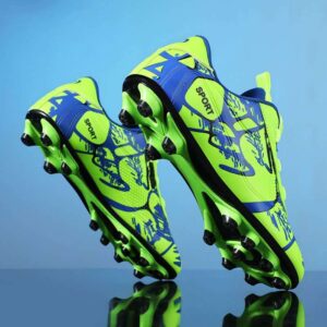 Bright green and blue soccer cleats