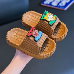 Brown woven slides with cartoon charms